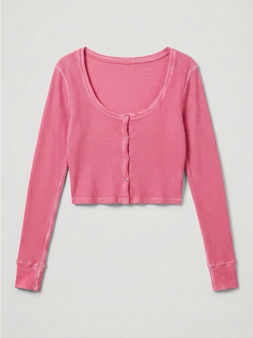 Waffle-Knit Cropped Button-Front Top in Pink